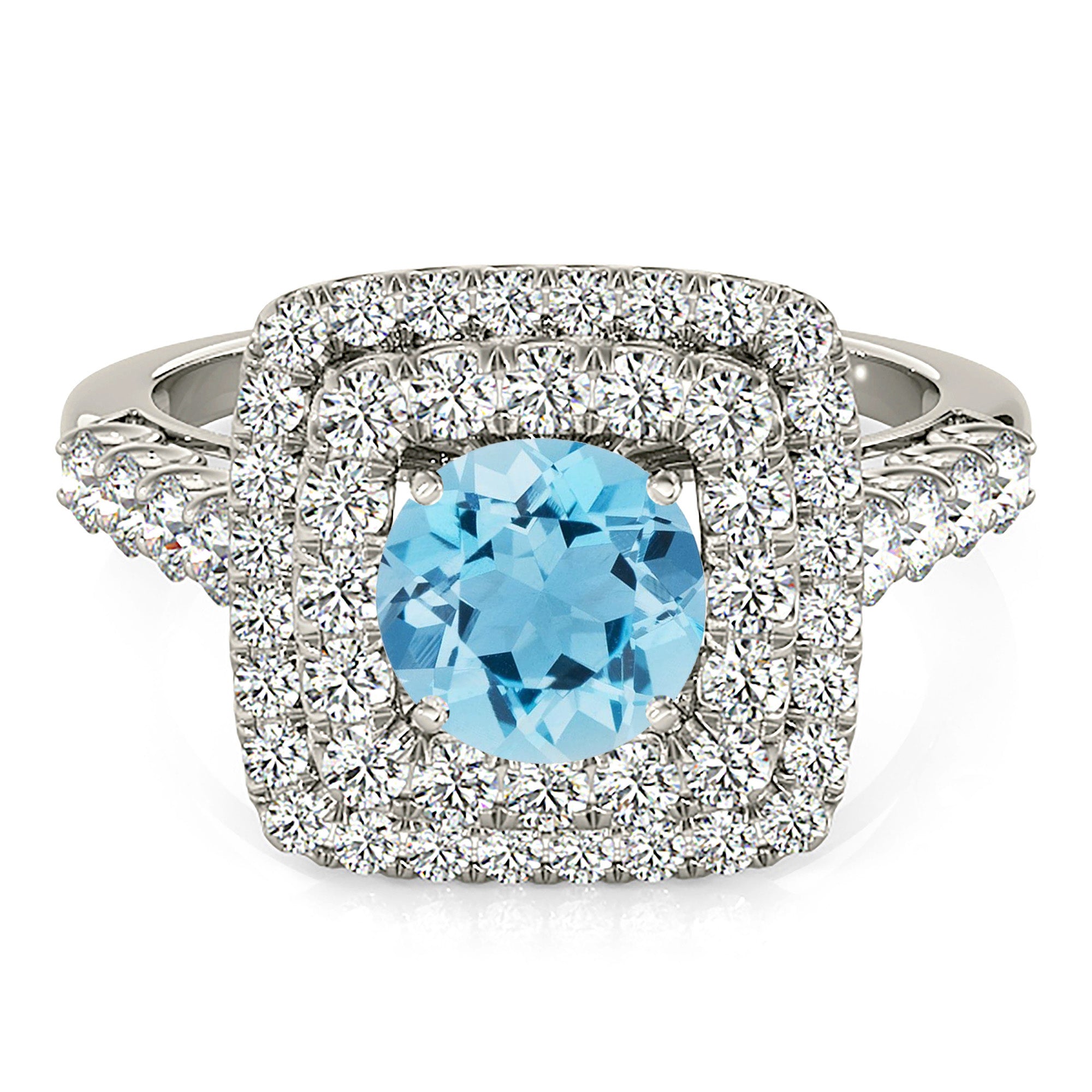 1.10 ct. Genuine Aquamarine Ring With 0.90 ctw. Diamond Double Row Cushion Halo And Thin Diamond Band | Round Blue Aquamarine Halo Ring-VIRABYANI